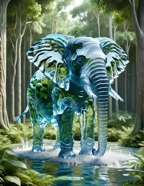 an elephant made of water is standing in the water in a dense forest