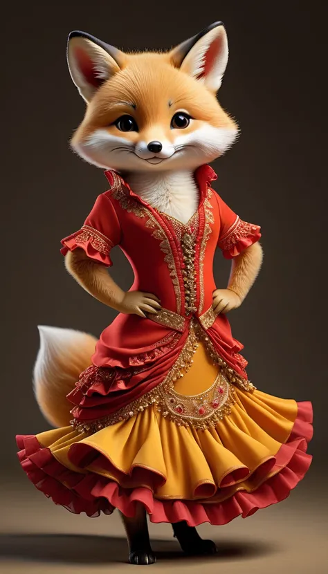 Photorealistic portrait of an animal wearing clothes - a chubby baby fox flamenco dancer,( Flamenco poses),  high quality,(charming) ,intricate details, Very detailed ((Golden flamenco costume)) ,Very detailed dress,, (happy), studio lighting,(full body im...