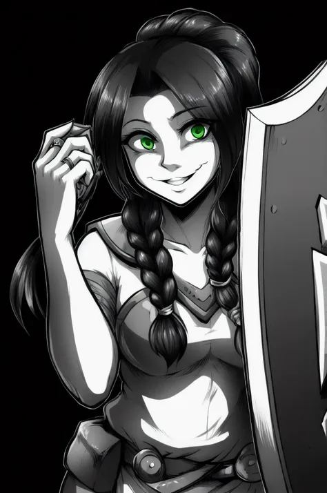 masterpiece, best quality, monochrome, grayscale, epi blue, gesugao, 1girl, com.shadowheart, black hair, braided ponytail, green...