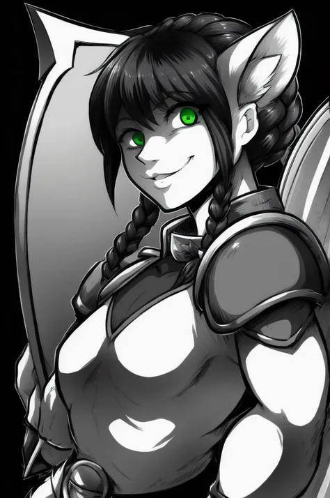 Masterpiece, Best quality, Monochrome, Grayscale, Epi Blue, gesugao, 1girl, com.shadowheart, Black hair, braided ponytail, green eyes, The ring, Upper body, shield, He smiles, fee, Looking at the viewer, black background 