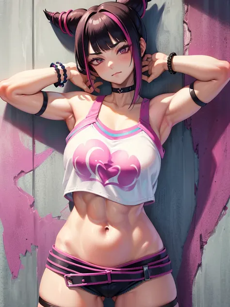 juri han,masterpiece, best quality, 1girl, report, crop-top, jean shorts, choker, (graffiti:1.aint splatter, (hands behind your ...