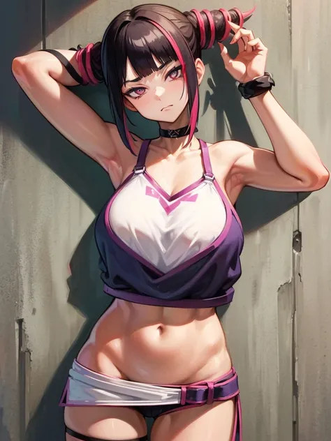 Juri Han,Masterpiece, Best Quality, 1girl, report, crop-top, jean shorts, Choker, (graffiti:1.aint splatter, (Hands Behind Your Back), Against a wall, looking a viewer, A bracelet, thigh strap, Paint on the body, tilt of head, bored, fiery hair color, Rain...