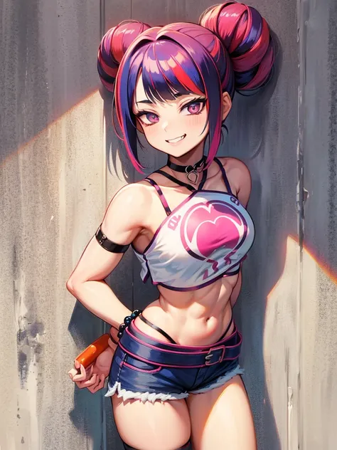 Juri Han,Masterpiece, Best Quality, 1girl, report, crop-top, jean shorts, Choker, (graffiti:1.aint splatter, (Hands Behind Your Back), Against a wall, looking a viewer, A bracelet, thigh strap, Paint on the body, tilt of head, bored, fiery hair color, Rain...