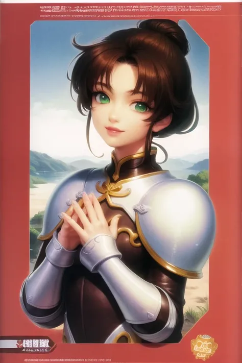 ((highest quality)), ((masterpiece)), (be familiar with), perfect face, female knight, ((white armor)), chignon hair, Er Dao Liu, black hair, white people, green eyes, adventurer, princess, up hair, smile