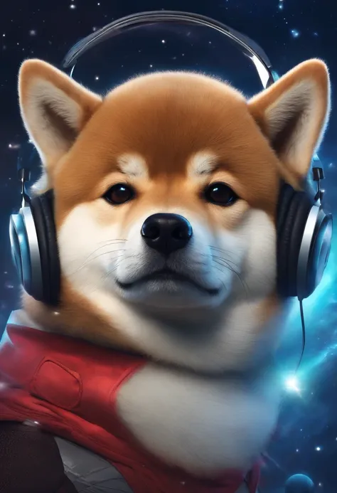 Shiba Inu wearing headphones, universe, universe복, rocket shape, planet