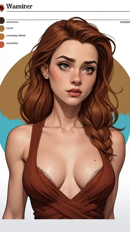 Character style illustration style Completely bare breasts showing small fear Breast size Cartoon name: Isabella Cruz white background medium breasts freckled face Hermione Granger actress strong contours Physical description - long straight hair, tingidos...