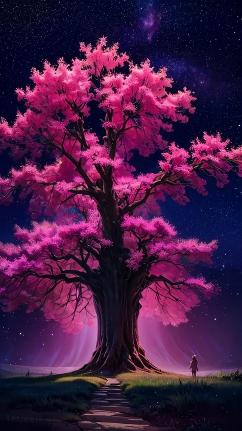 Describe the scene of a giant, glowing cherry tree standing on a grassy hill., starry sky,Colorful nebulae and your favorite constellations,There are no people,background only,milky way