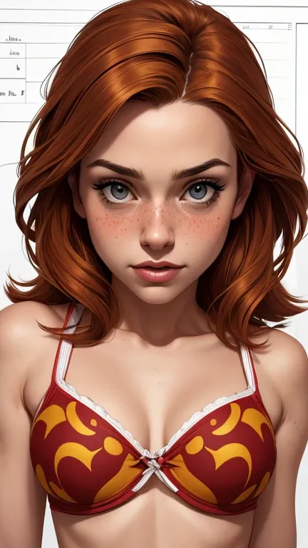 Character style illustration style Completely bare breasts showing small fear Breast size Cartoon name: Isabella Cruz white background medium breasts freckled face Hermione Granger actress strong contours Physical description - long straight hair, tingidos...