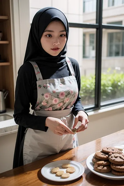 photorealistic, A korean girl, wearing long hijab muslimah, long sleeves, wearing a floral patterned apron, enormoust breast, perfect nipples, is busy making cookies from dates. The background is a lot of cookies on the table. while looking at the camera, ...