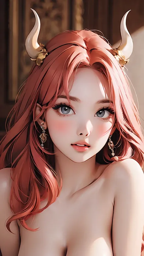 (masterpiece, best quality, photorealistic), woman with horns, solo, perfect slim fit body, huge breasts, red wavy hair, hair or...