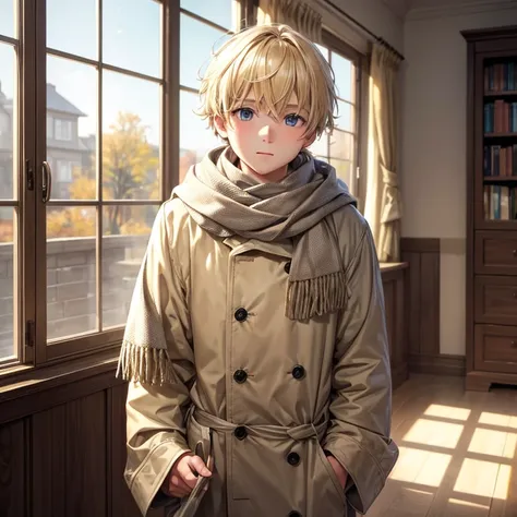 Try making it Blonde haired boy with natural lighting in a room in winter the boy wears a scarf