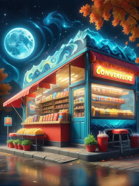 (masterpiece), best quality，(shiny:1.2)，(A Van Gogh-style midnight convenience store:1.5), A cute and cheerful midnight convenience store，Delicious super burger，tomato, lettuce, tomato酱, cheese splash, Hamburg style, and other decorations, Dream convenienc...