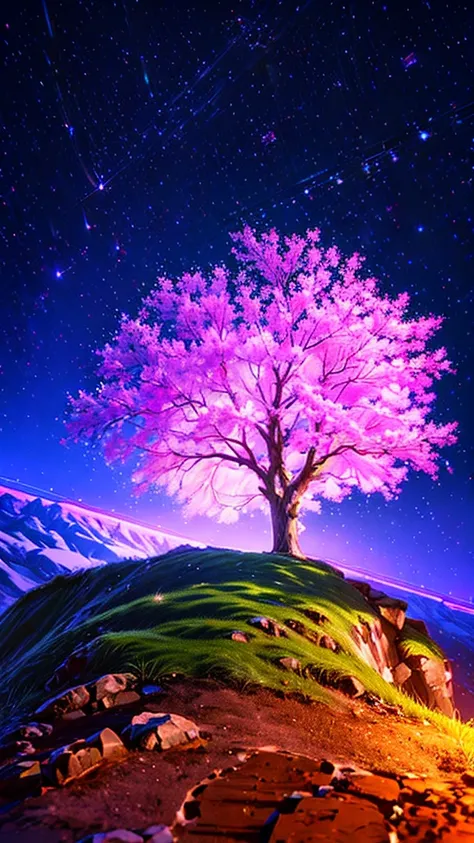 Describe the scene of a giant, glowing cherry tree standing on a grassy hill., starry sky,Colorful nebulae and your favorite constellations,There are no people,background only,milky way