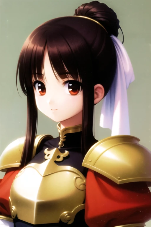 ((highest quality)), ((masterpiece)), (be familiar with), perfect face, female knight, (white armor), chignon hair, Er Dao Liu, black hair, girl, smile, green eyes