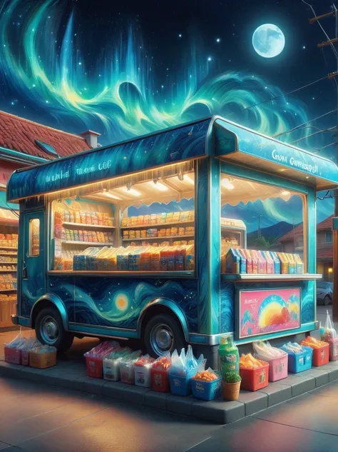 (masterpiece), best quality，(shiny)，(A Van Gogh-style midnight convenience store:1.5), A cute and cheerful midnight convenience store， Dream convenience store, Cute cartoon design style, night，Sky，full moon，(Cute shop assistant is sorting goods:1.6)，(1 fem...