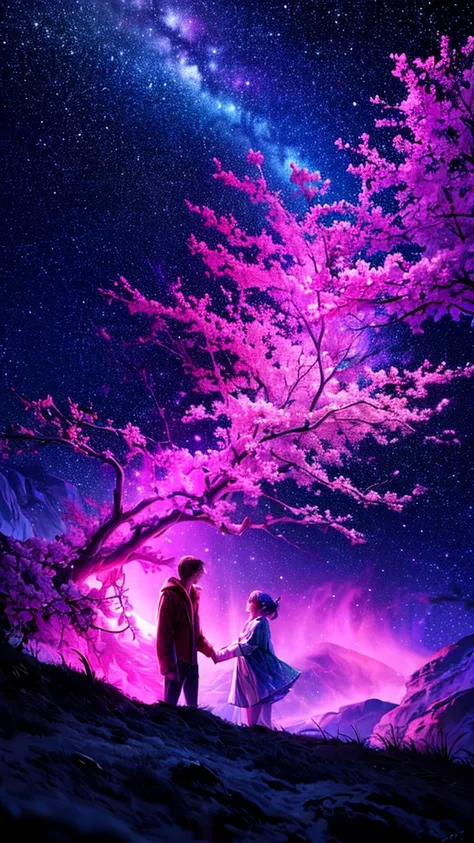 Describe the scene with the giant glowing cherry tree., starry sky,Colorful nebulae and your favorite constellations,There are no people,background only,milky way