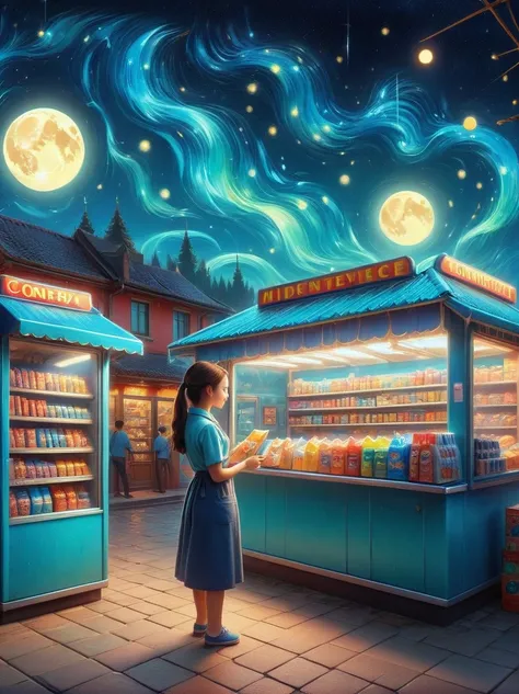 (masterpiece), best quality，(shiny)，(Inside a Van Gogh-style midnight convenience store:1.5), A cute and cheerful midnight convenience store， Dreamy convenience store, (Cute shop assistant is sorting goods:1.6)，(1 female clerk)，Cute cartoon design style, n...