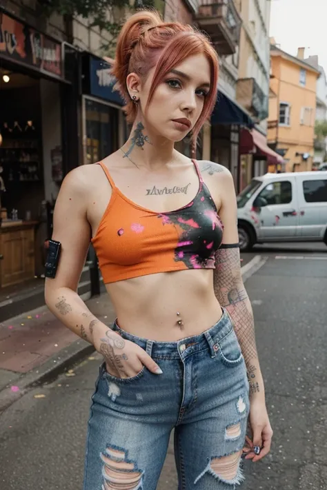 Pink & Orange Hair, Paint splattered top. fishnet sleeves, Jeans, Facial Piercings, ripped jeans, Cool Shape Shave, Multiple Ear Piercings, Medium Tousled Hairstyle With Shaved Side, 