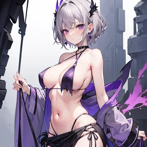 NSFW, bare breast, cross halter bikini, slit skirt, capelet, messy hair, short hair, gray hair, purple eyes, normal breast