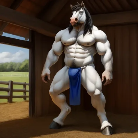 Furry, Antro, Equine, loincloth, hooves, Black, White, Solo, horse, fundoshi white, bulto macho, farm, Fundoshi white, detallado, cuerpo completo