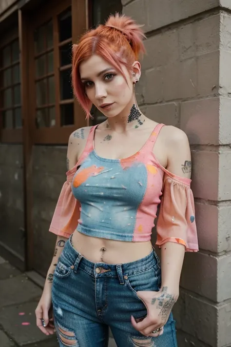 Pink & Orange Hair, Paint splattered top. fishnet sleeves, Jeans, Facial Piercings, ripped jeans, Cool Shape Shave, Multiple Ear Piercings, side shav haircut,