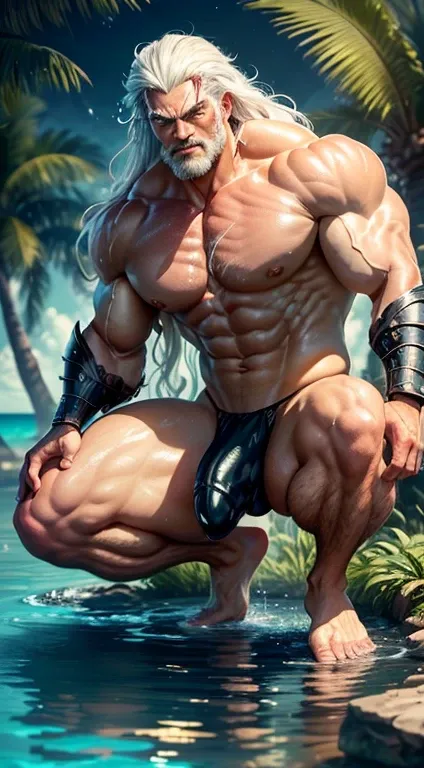 (extremely detailed CG unity 8k wallpaper, masterpiece, best quality, ultra-detailed), best lighting, best shadow (very strong, giant, muscular God Poseidon wearing battle armor), kind expression, wearing a white thong, wearing battle armor, latex, squatti...