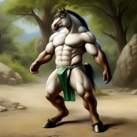 Furry, Antro, Equine, loincloth white, hooves, Black, Marron, Solo, horse, fundoshi white, bulto macho, campo verde, Fundoshi blanco, detallado, cuerpo completo