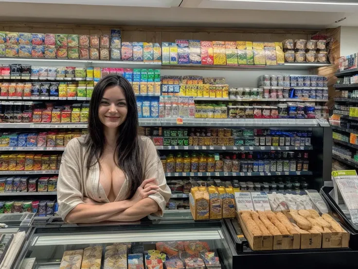 konbini, cashier, monitor, figurines; bottles; alchool; ammo boxes; on shelves, shop, indoors, convenience store at midnight, bread,, ultra detailed, masterpiece, best quality, aesthetic, detailed, solo, shes tired, soft smile, light smile, 1girl, dark gre...