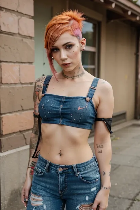 Pink & Orange Hair, Paint splattered top. fishnet sleeves, Jeans, Facial Piercings, ripped jeans, Cool Shape Shave, Multiple Ear Piercings, Female Shaved Sides Haircut.