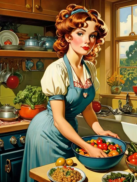 a woman in a kitchen with a bowl of food and a plate of vegetables, ( art fitzpatrick ), comic pinup style, robert crumb photorealism, terry moore, by Mark Brooks, cooking, by Jason Edmiston, pinup art, 1950s illustration style, inspired by Robert Crumb, r...