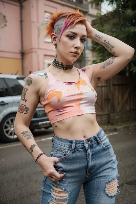 Pink & Orange Hair, Paint splattered top. fishnet sleeves, Jeans, Facial Piercings, ripped jeans, Cool Shape Shave, Multiple Ear Piercings, Mohawk-Inspired One-Side Buzz Cut.