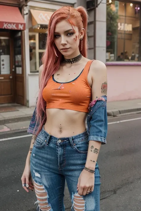 Pink & Orange Hair, Paint splattered top. fishnet sleeves, Jeans, Facial Piercings, ripped jeans, Cool Shape Shave, Multiple Ear Piercings, Shaved Sides Long Hair.
