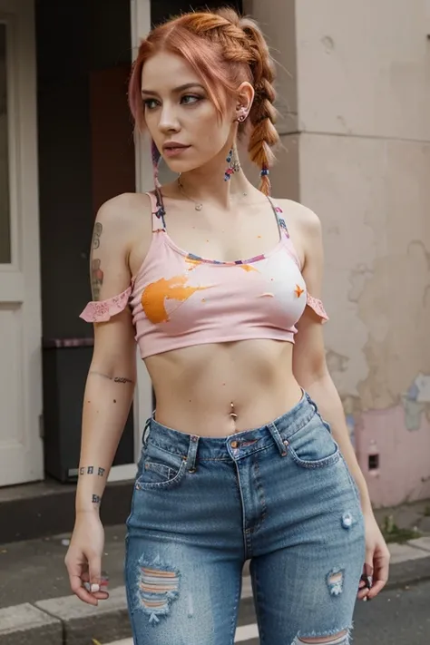 Pink & Orange Hair, Paint splattered top. fishnet sleeves, Jeans, Facial Piercings, ripped jeans, Cool Shape Shave, Multiple Ear Piercings, Braided and Shaved on One Side
