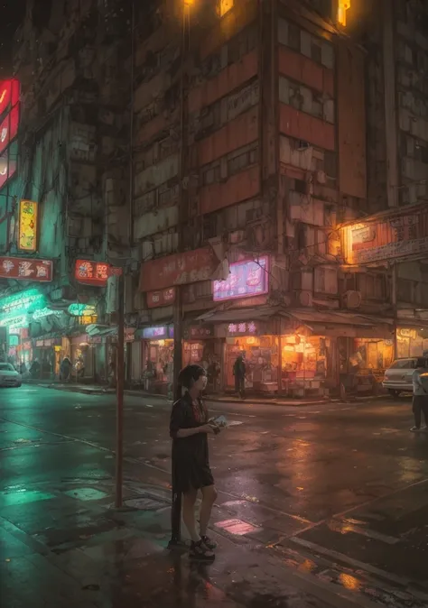 Girl standing on the sidewalk in the city at night, Kowloon cyberpunk, a still of Kowloon, Hong Kong cityscape, Kowloon, Hong Kong streets, chinatown blade runner, Kowloon cyberpunk cityscape, Cyberpunk street at night, Neon lights above the shop, Kowloon ...