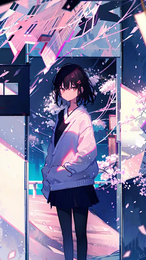 sparrow, black hair girl, wearing a sweater, black skirt, medium hair, headphone, Because I&#39;m slender, teen, serious face, Japanese high school girl. She stands at the shrine,cherry blossoms,cherry blossoms並木,long hair,Bright white skin,long hair