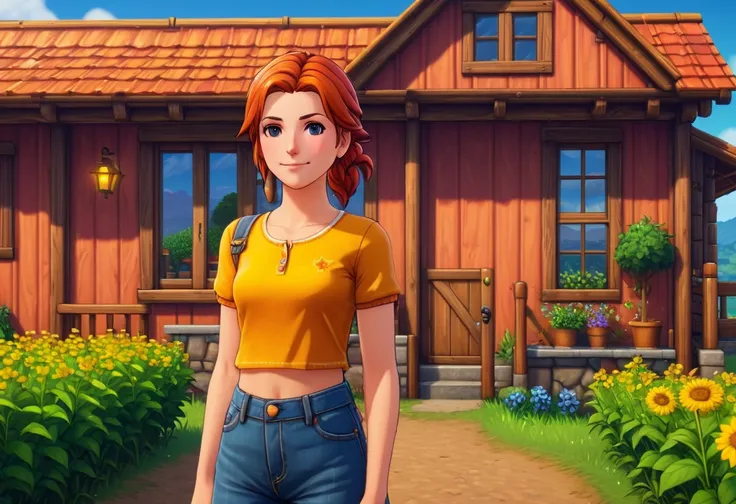 stardew valley,  fine details, 4k resolution, photorealistic, hyperrealistic, masterpiece, a girl in front of the house, ((((((nsfw))))))