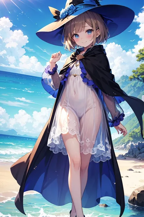 anime style,small girl,12years old,jellyfish witch,
short/bob light_brown hair,see-through prizm_blue witch maxi dress,witch hat,cape,
wearing long cloak,under the blue sky,smile,walking beachside