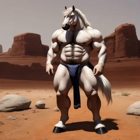 Furry, Antro, Equine, loincloth, hooves, Black, White, Solo, horse, fundoshi white, bulto macho, desert, Fundoshi white, detallado, cuerpo completo