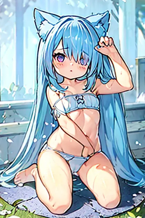 (solo:1.2)),loli, cute girl sitting,(kneel),light blue bra & ribbed panties,from above,looking up,aqua hair,long hair,(hair over one eye),(dappled sunlight:1.2),blurry,(depth of field:1.1),head tilt,paw pose(touch cheeks), nekomimi