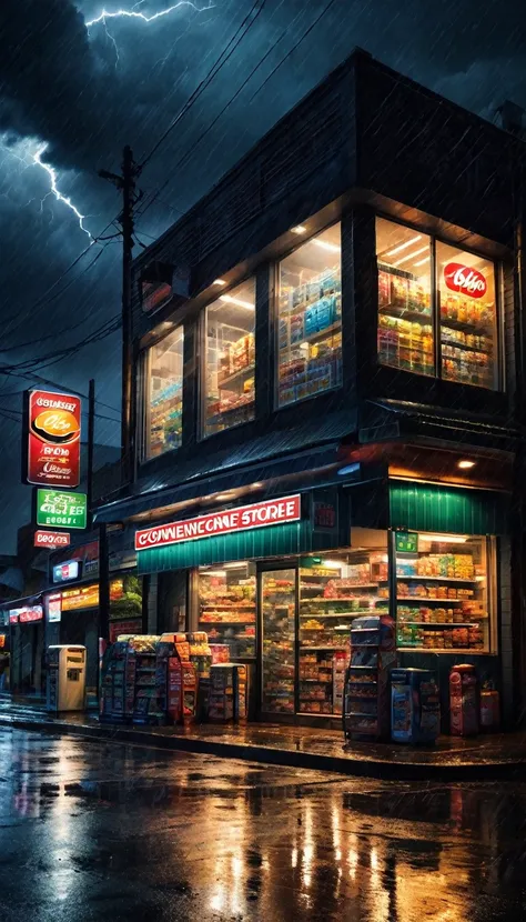 midnight convenience store, modern, city, streets, dark clouds, thunderstorm, heavy rain,, dramatic lighting,, (masterpiece:1.2), best quality, high resolution,   beautiful detailed, extremely detailed, perfect lighting,