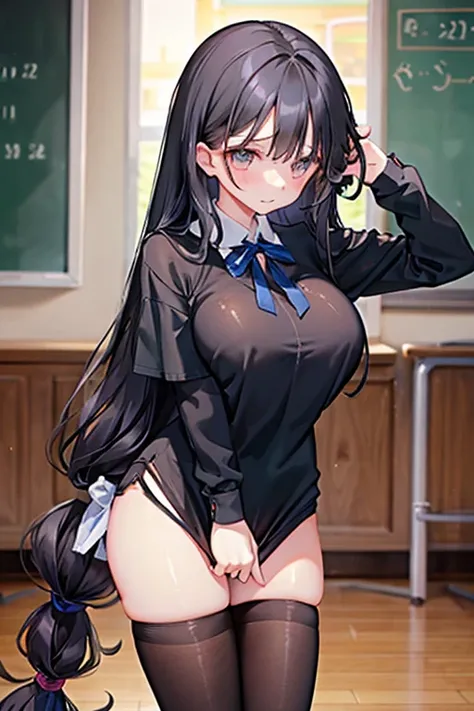 Italian girl, with very long black hair, 25 years old, hyper super gigantic and mammoth breasts, thin, has wet breasts, wears a torn tight blouse that does not contain the breasts and a pleated black miniskirt, , inside a school classroom