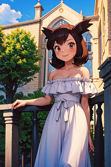 masterpiece, best quality, highres, outdoors, small breasts, 1 girl, Solo, Pokemon Heroes (Bianca), Brown Eyes, Beautiful Detail Eyes, Brown Hair, hands are down, Smile, Blushing, Bare Neck, Bare Shoulders, strapless, White Ruffle Off-the-Shoulder maxi dre...