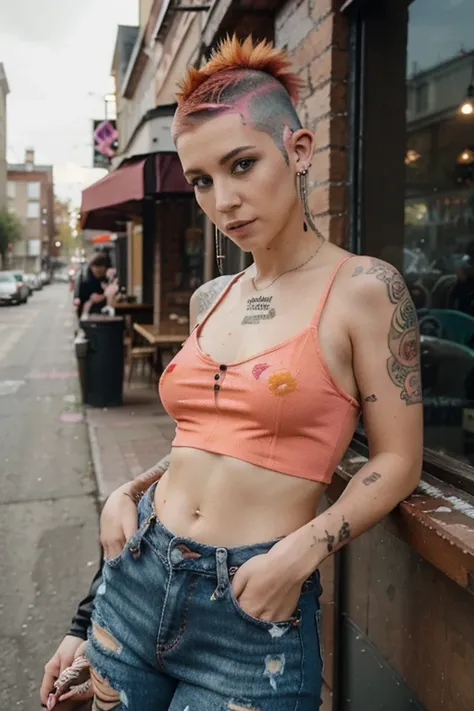 Pink & Orange Hair, Paint splattered top. fishnet sleeves, Jeans, Facial Piercings, ripped jeans, Cool Shape Shave, Multiple Ear Piercings, Mohawk-Inspired One-Side Buzz Cut. drinking a coffee,  coffee shop background,