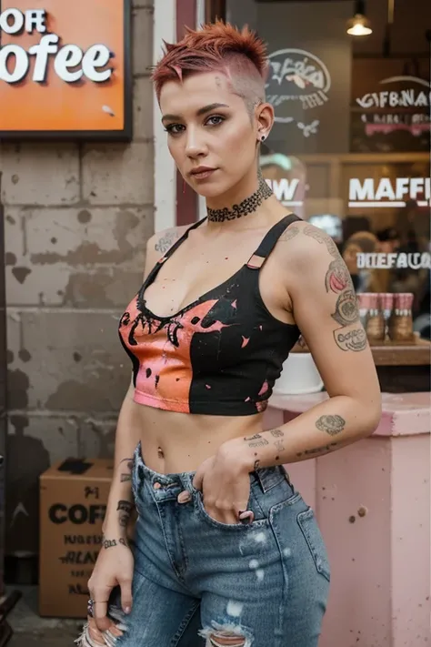 Pink & Orange Hair, Paint splattered top. fishnet sleeves, Jeans, Facial Piercings, ripped jeans, Cool Shape Shave, Multiple Ear Piercings, Mohawk-Inspired One-Side Buzz Cut, coffee shop background, takeaway costa coffee cup. big , 