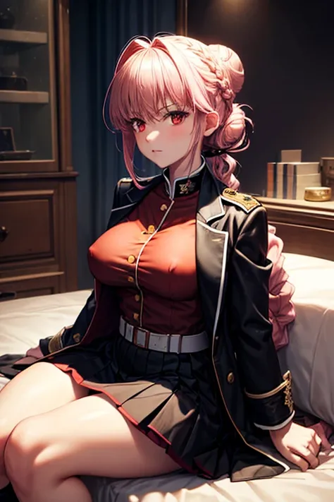 masterpiece,best quality,high resolution,8k,perfect face,(megami magazine:1.2),perfect body,full body(FGO:1.5),(light pink single braid bun hair:1.3),red eyes,1woman,pale skin,(fighter:1.3),large breasts,large ass,small nipples,(clothed:1.5),(red military ...