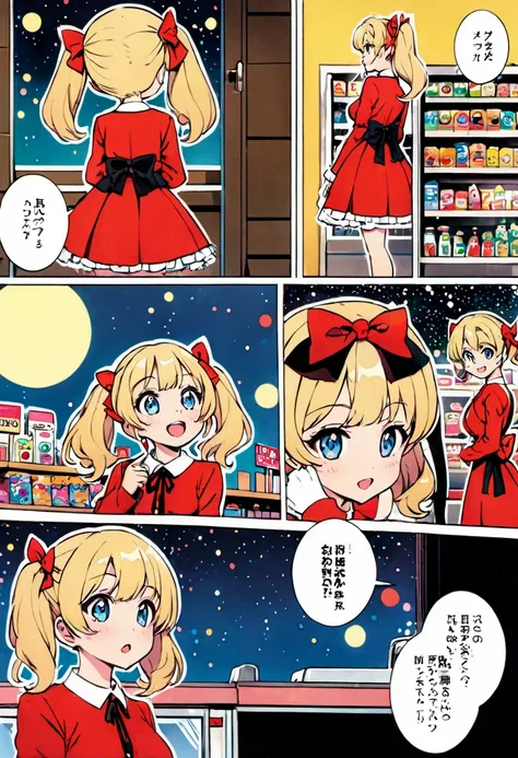 Candy Candy by Toei Animation, detailed art style, vintage aesthetic, emotional melodrama, inspired by Keiko Nagita and Yumiko Igarashis original manga, in a midnight convenience store, starry night, vignettes, comic, dress, blonde_hair, twintails, boots, ...