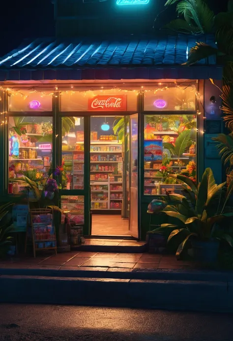 (best quality,4k,8k,highres,masterpiece:1.2),ultra-detailed,(realistic,photorealistic,photo-realistic:1.37),midnight convenience store,small family convenience store on tropical island,night,midnight,fullmoon,open store,peaceful,glimmering lights,serene at...