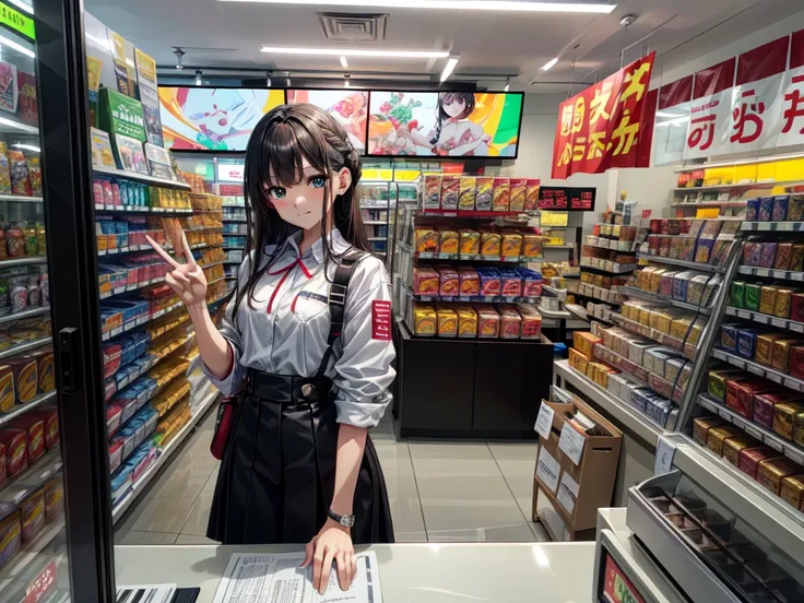 konbini, cashier, monitor, on shelves there are candys, figurines, alchool, ammo boxes, shop, indoors, convenience store at midnight, ultra detailed, masterpiece, best quality, aesthetic, detailed, solo, soft light smile, 1girl, dark green eyes, medium hai...