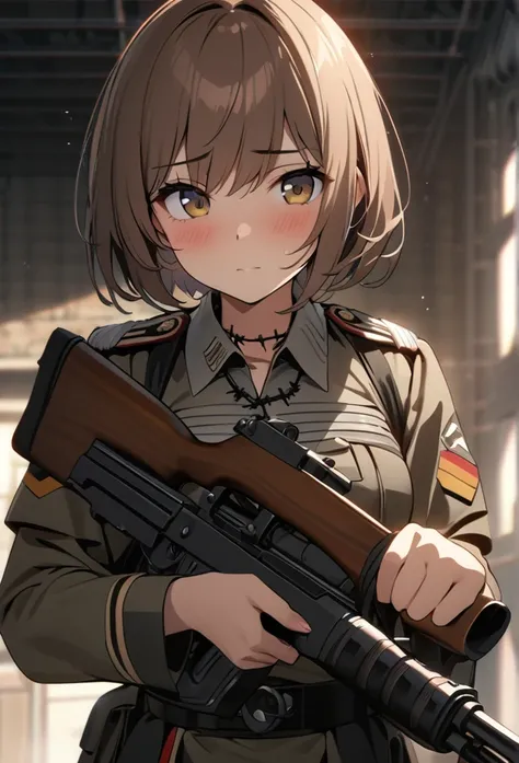 High quality, high definition images, full HD、8k.1 girl solo.old german military uniform,short hair,Chestnut hair.Carrying a rifle on his shoulder, wearing a helmet,Barbed wire in the background