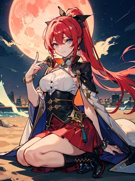 (masterpiece, highest quality,8K quality) adult woman, married woman, red long hair，Tense atmosphere, red long skirt, He carries a long black sheath on his waist., Has a scabbard containing a sword, 黒のロングboots, wife, Wearing black mage robes, 50 year old w...